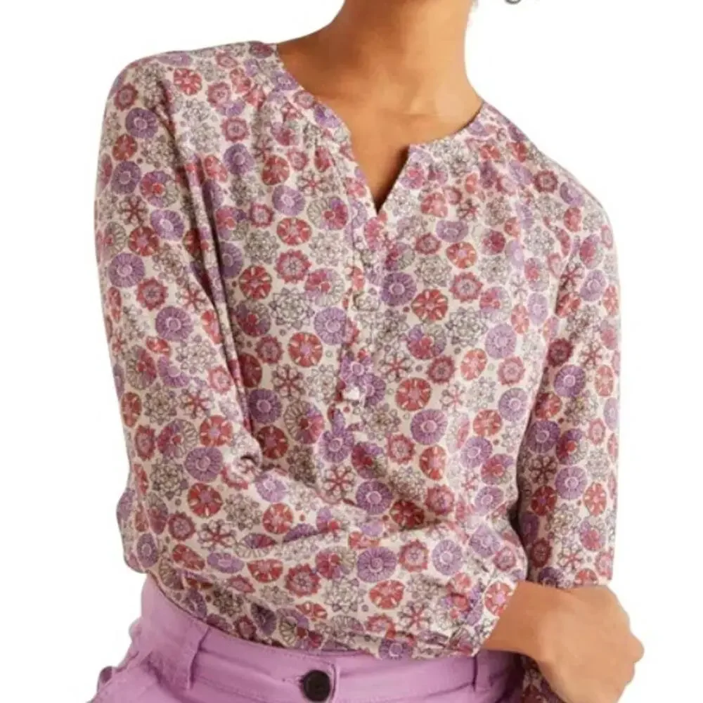 Boden Natural White Patricia Floral Red Purple Popover Long Sleeve Top